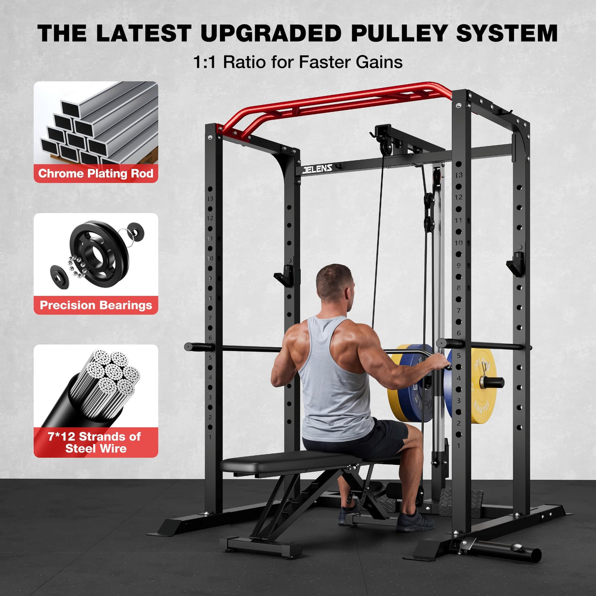 JELENS Power Cage, 2000LBS Multi-Function S11 Power Rack with LAT Pulldown, Squat Rack with Adjustable Pulley System and More Training Attachments, Weight Workout (Home Gym Package)