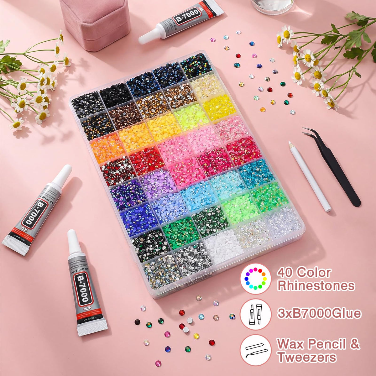 32000Pcs 40 Colors Resin Rhinestones Bedazzling Kit, Multicolor Flatback Gems, DIY Nail Art Clothing Tumblers Crafts for Bedazzling Diamond Art Makeup (40 Colors)