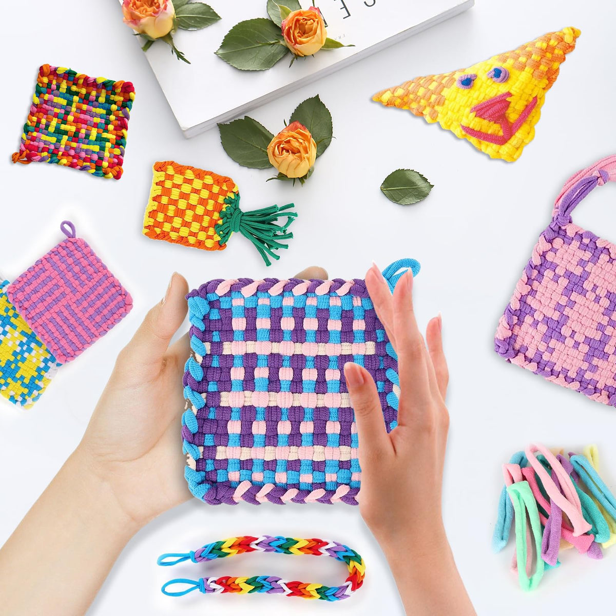 FRYTEPUYE 1000 PCS Loom Loops Potholder,Potholder Loom for Kids,Weaving Colorful Craft Flexible DIY Kit Colorful Weaving Crafts for Kids Adults Elastic Loops Only