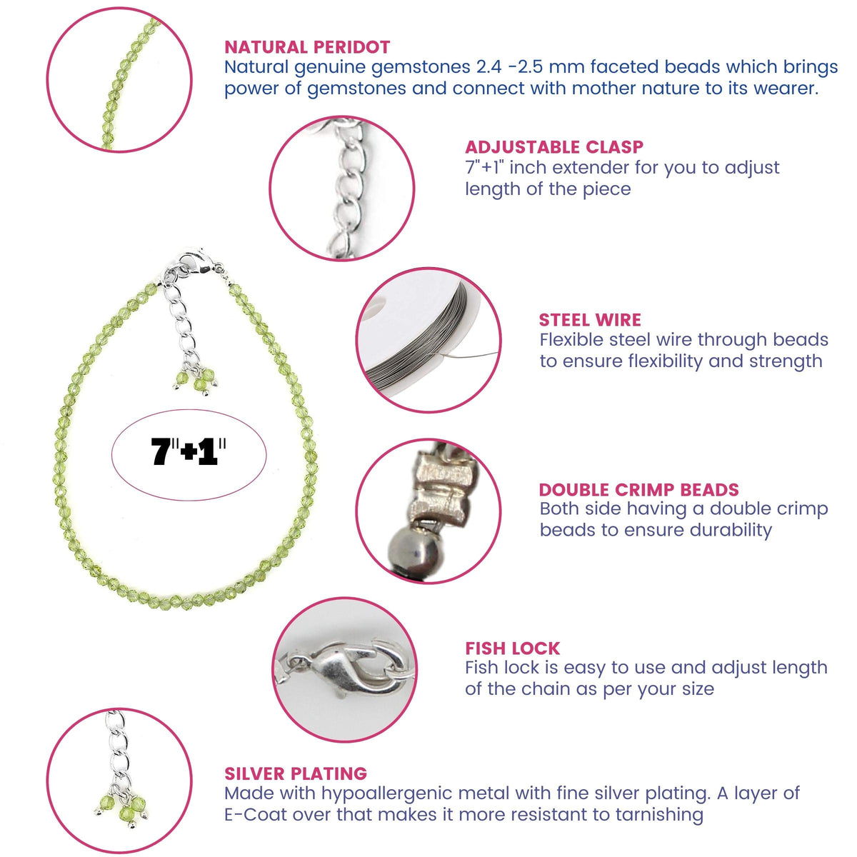 Gempires Peridot Bracelet for Women | Dainty Gemstone Beaded Bracelet 2.5 mm | Handmade Minimalist Stacking Bracelet | Adjustable Lightweight Everyday Jewelry | August Birthstone Gift for Her