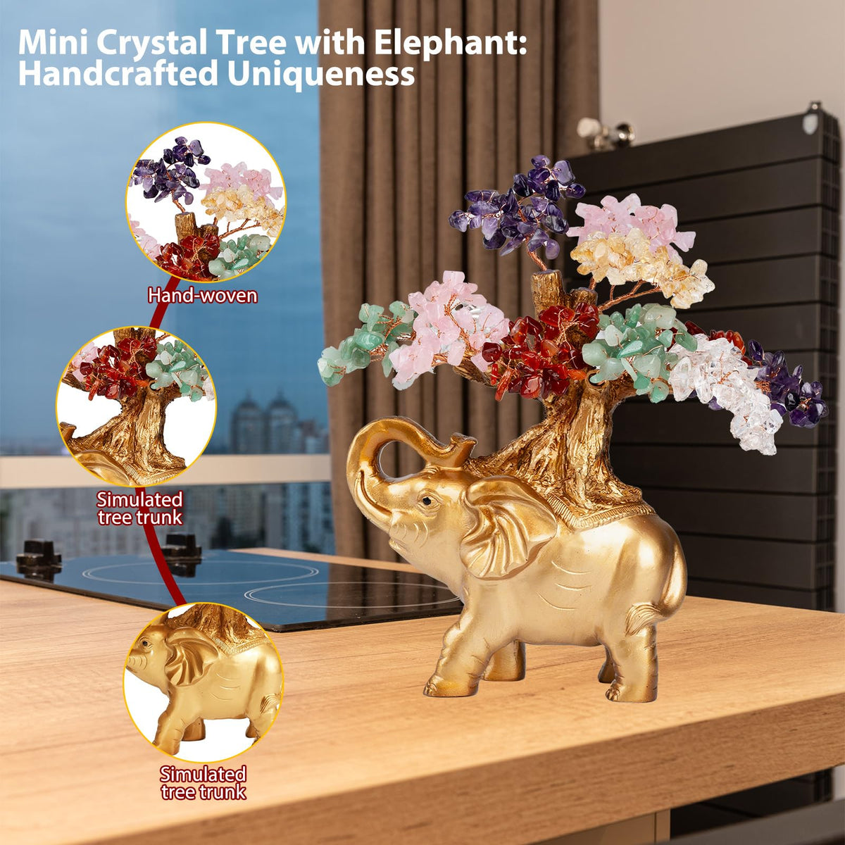 GEMBOURY 7 Chakra Crystal Money Tree on Gold Mini Elephant Statue, 10”Gemstone Bonsai Tree of Life Home Décor Gifts for Wealth Positive Energy, Feng Shui Décor