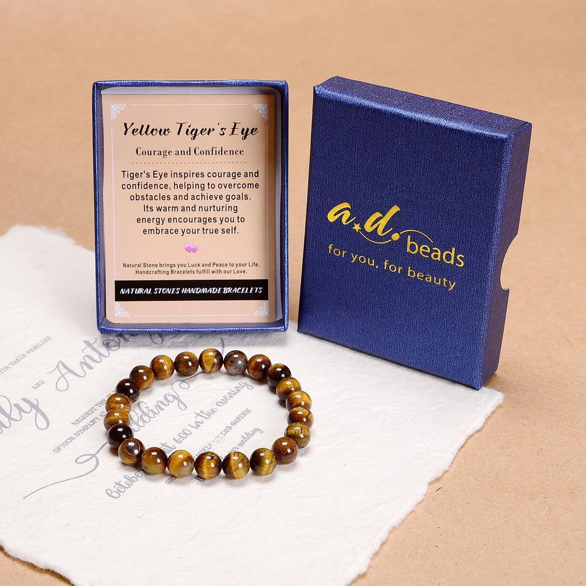 AD Beads Handmade Gemstone Stretch Elastic Bracelet Crystal Healing Reiki Nature's Beauty and Spiritual Essence Unisex (10mm, Yellow Tiger's Eye)
