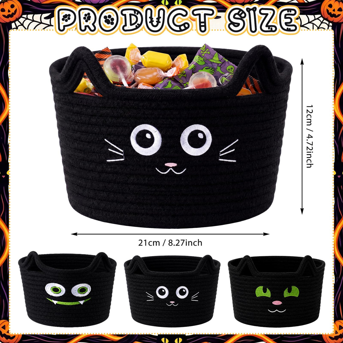 Yungyan 3 Pcs Black Cat Baskets, Woven Cotton Rope Cat Storage Bin Organizer, Trick or Treat Candy Bowls, Boo Gift Basket, Halloween Party Supplies for Laundry, Baby, Towels, Blankets, Animal