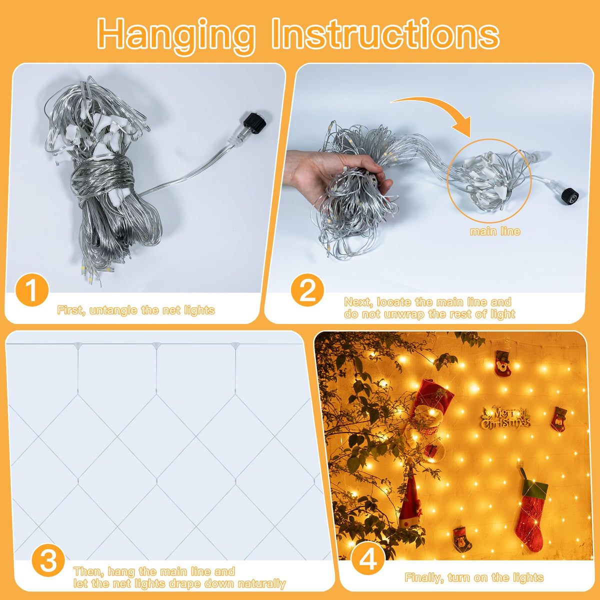 Ollny Net Lights Outdoor Mesh Light 10x7ft, 210LED Clear Wire Connectable Christmas Net Lights with 8 Modes, IP67 Waterproof Bush Light for Tree Wall Ceiling Outside Decorations, Warm White