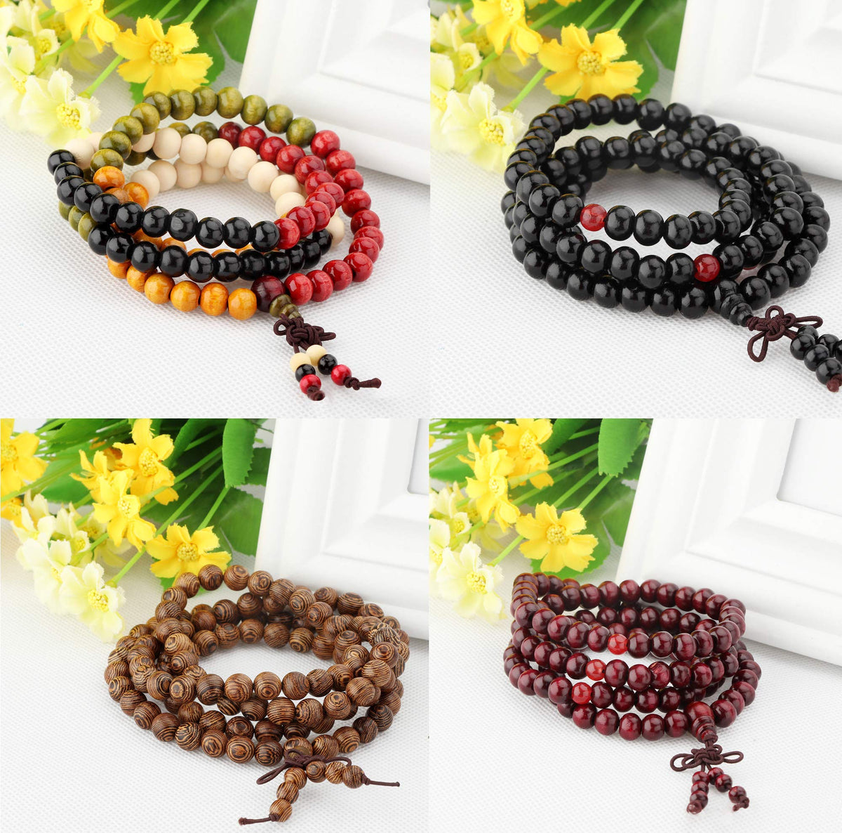 LOYALLOOK 8Pcs 108 Mala Bead Bracelets 8MM Tibetan Buddha Wood Beaded Sandalwood Link Wrist Necklace Chain Bracelets Multilayer Buddhist Prayer Strand Bracelet Meditation Necklace Elastic Chinese Knot