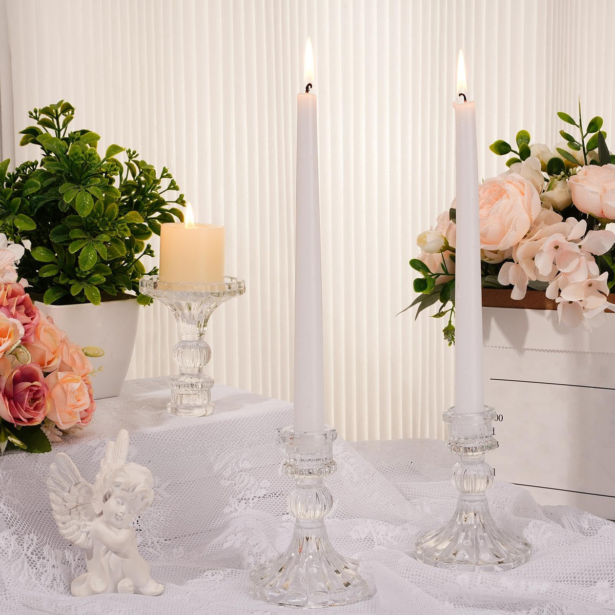 Suclain 12 Pcs Wedding Candlestick Holders Taper Candles Set Clear Glass Candle Holder and White Tapered Candles Dripless Tall Candle Sticks for Wedding Party Table Favor(Transparent)