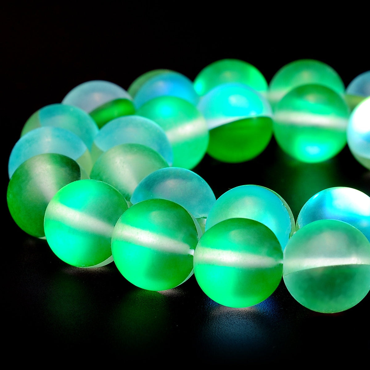 RUBYCA 10mm Round Moonstone Matte Crystal Glass Beads Aura for Jewelry Making Green, 1 Strand