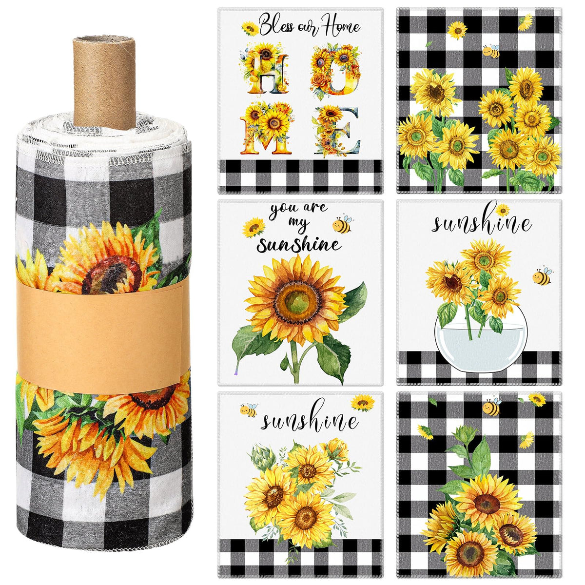 Mindsoft 36 Pcs Spring Sunflower Reusable Paper Towels Rolls Sunshine Washable Bulk Spring Kitchen Towels Paperless Reusable Cloth Cotton Napkins with Cardboard for Kitchen Bathroom Home Decor