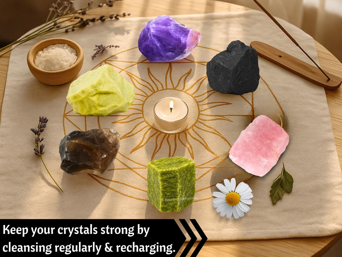 Amazing Gemstone Crystals for Sleep Manifestation, Set of 6 Amethyst, Smoky Quartz, Shungite, Vesuvianite, Serpentine and Rose Quartz Healing Crystals and Stones