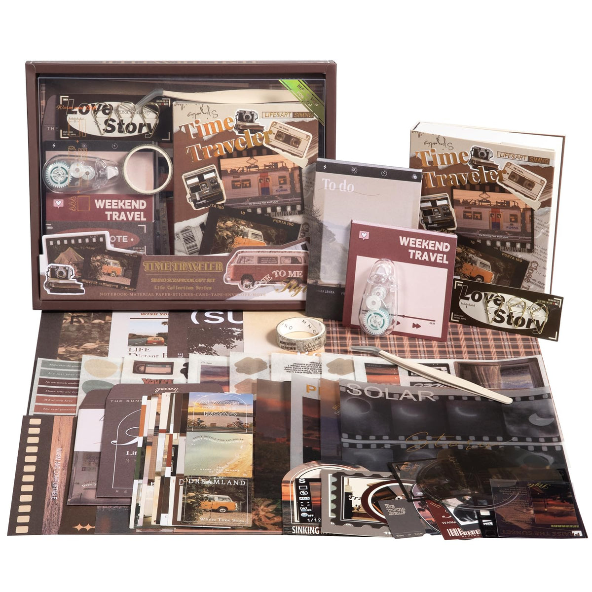 Travel Scrapbook Photo Album Supplies Kit with Tweezers and Glue Tape, Aesthetic Vintage Junk Journal Scrapbooking Paper, Sticker Pack, Notebook Craft Supplies, DIY Gift for Adult Men Women (Traveler)