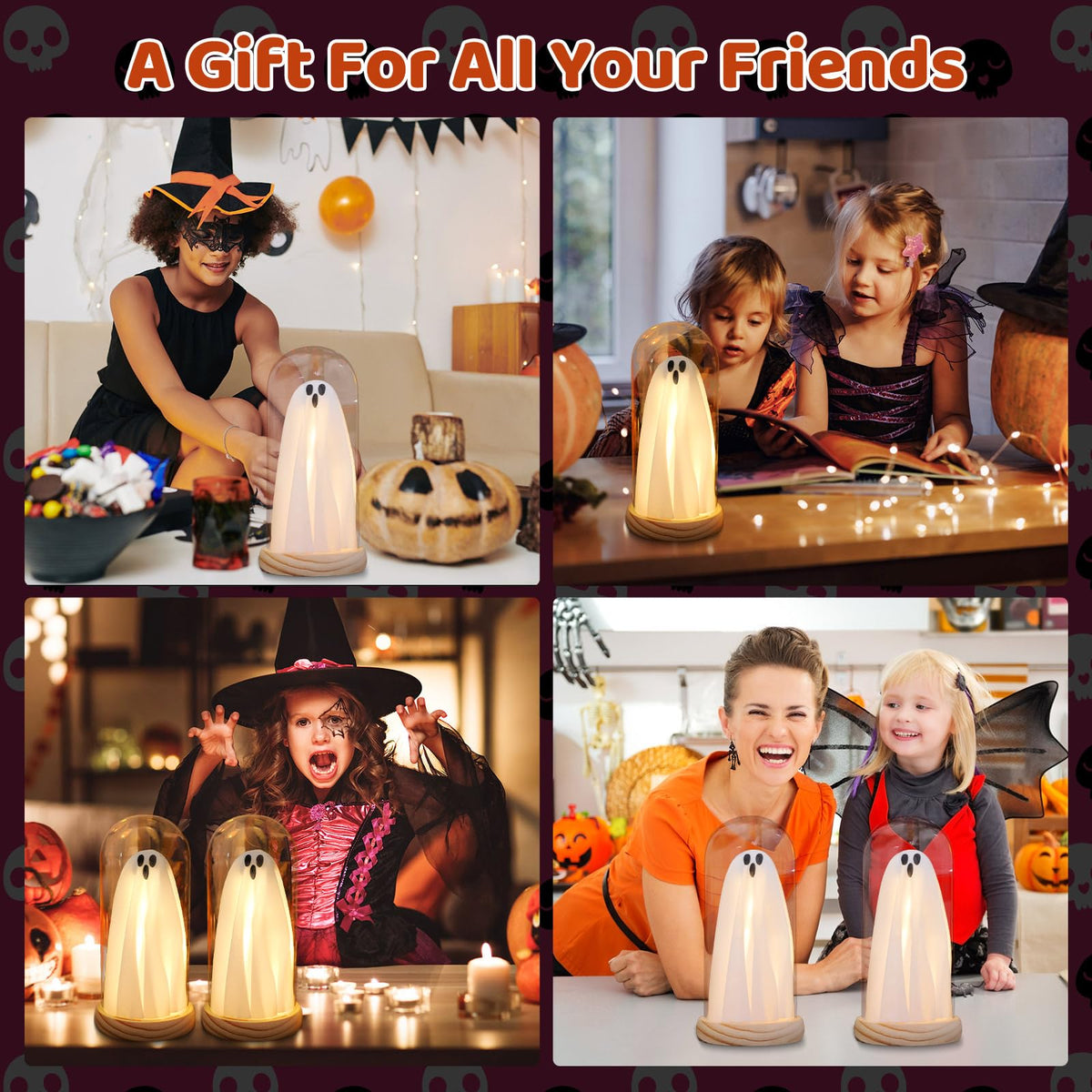 Halloween Decorations Indoor, Light Up Ghosts in Glass Domes with Wood Base, Cute Halloween Decor for Table, Fireplace, Bookshelf – Spooky Halloween Decor Kit (2 Pack)