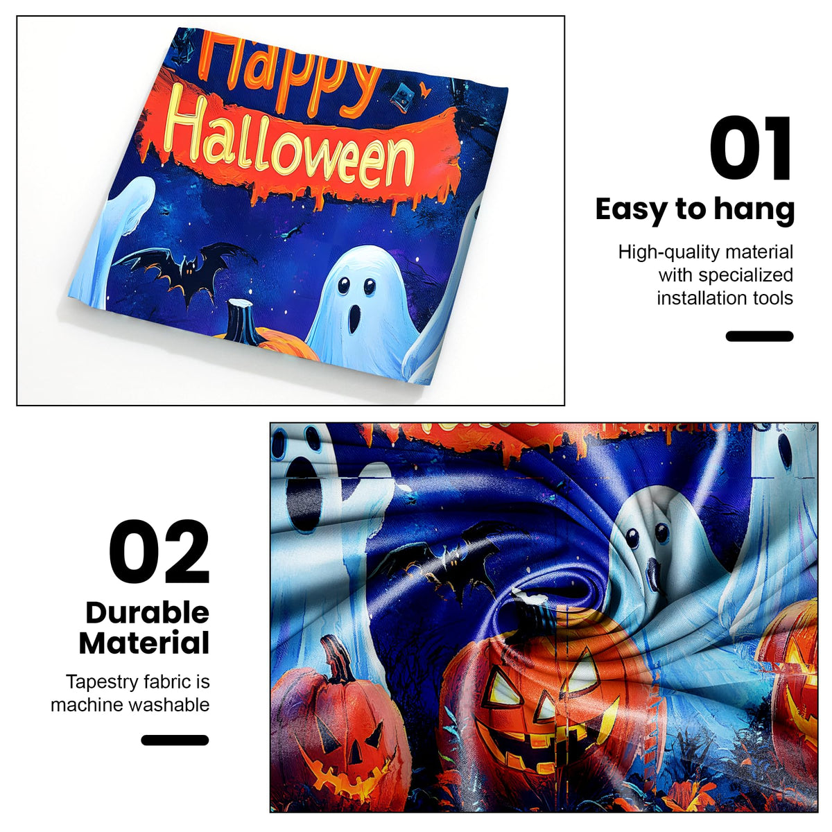 AOHMPT Glow-in-the-Dark Halloween Tapestry - UV Reactive Black Light Wall Hanging Decor for Spooky Parties, Bedroom, Living Room (Happy Halloween, 79L x 59W, Unframed)