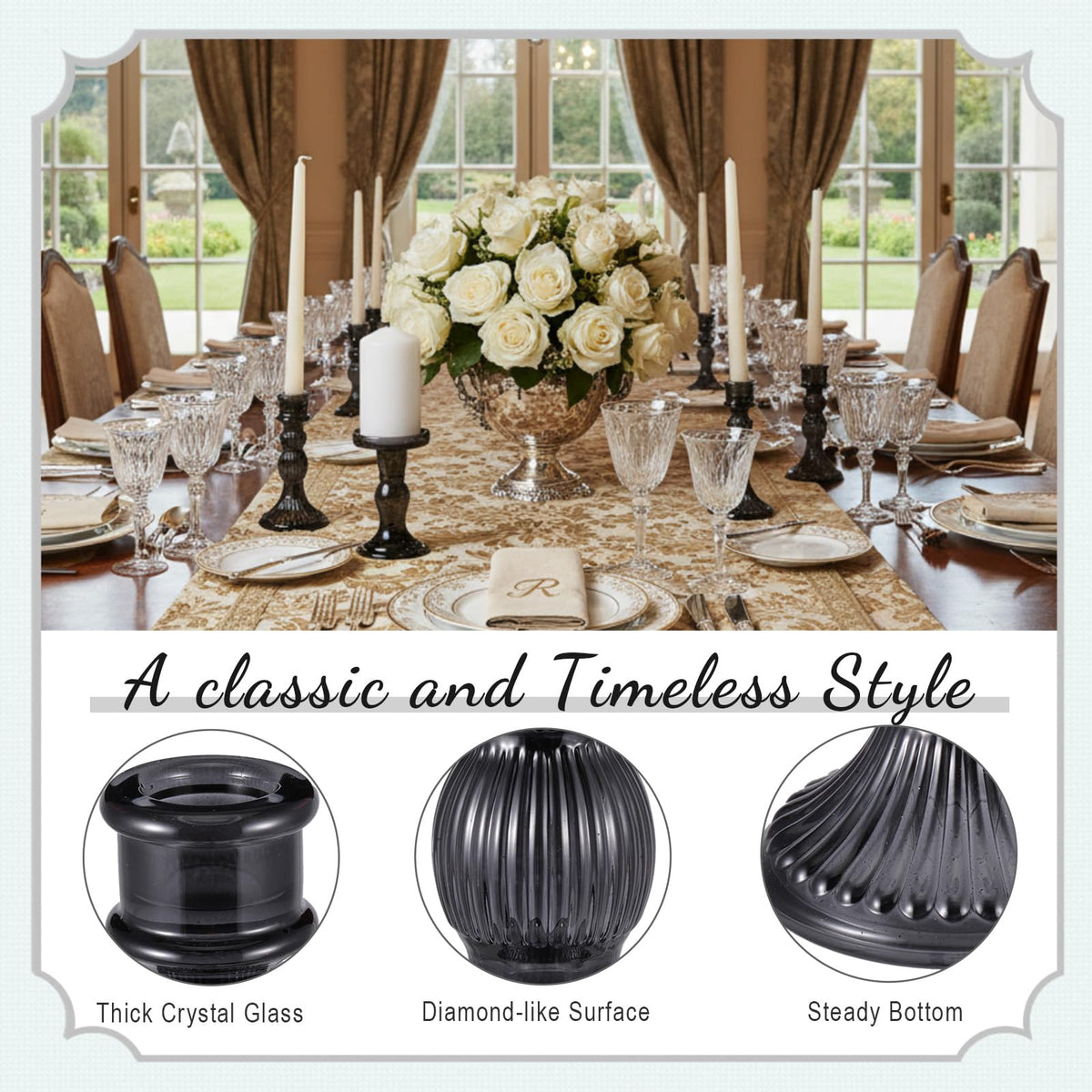 Mumufy 20 Pcs Glass Crystal Taper Candle Holders Clear Glass Candlestick Holder Fit 0.8 Inch Candles Crystal Decorative Candle Stand Centerpiece Table Wedding Dining Party (Black)