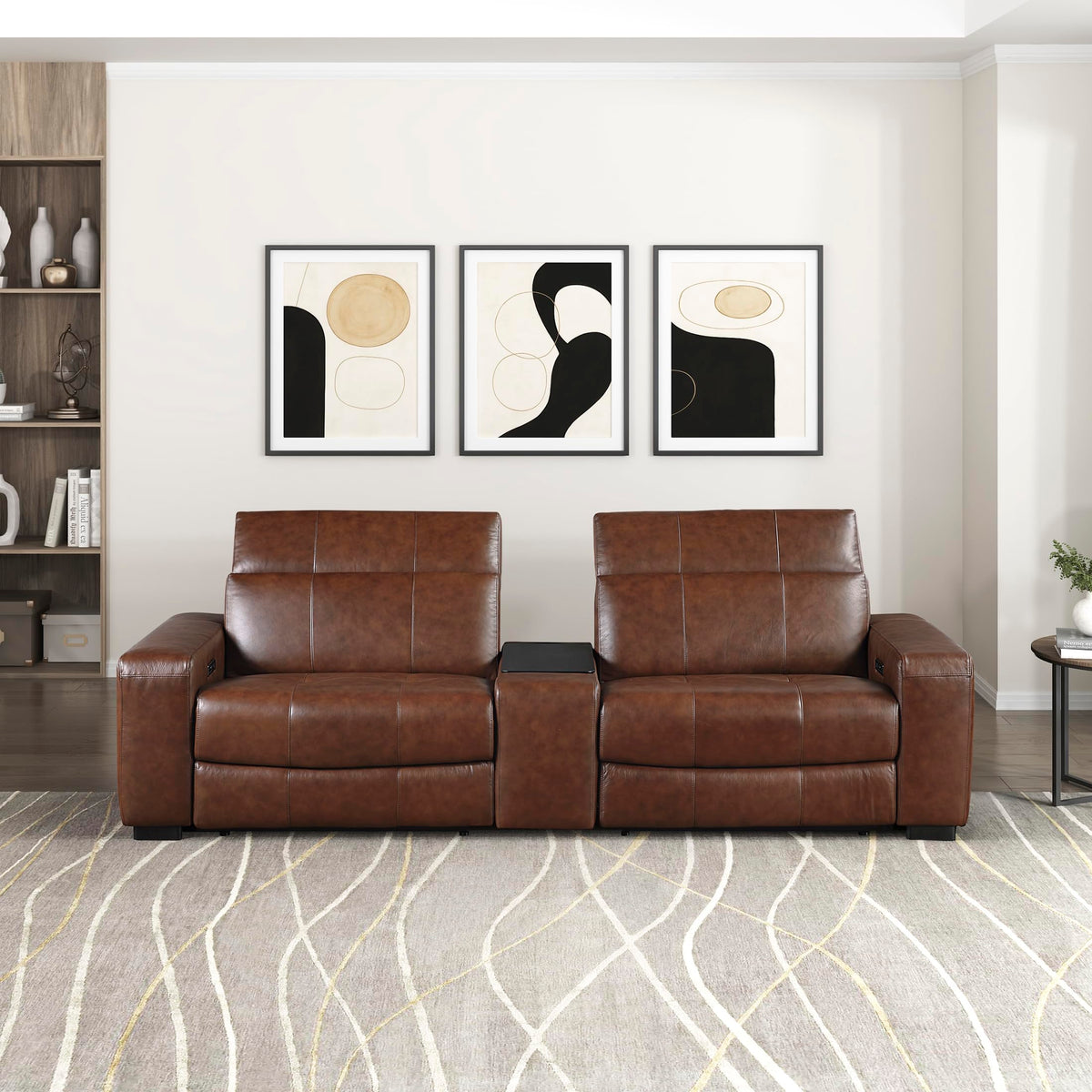 Lexicon Sectional Couches for Living Room-Modular Sectional Sofa, Power Double Reclining Loveseat with Center Console, Power Headrests, Charging Ports, Dual Cup Holders, Top Grain Leather Brown