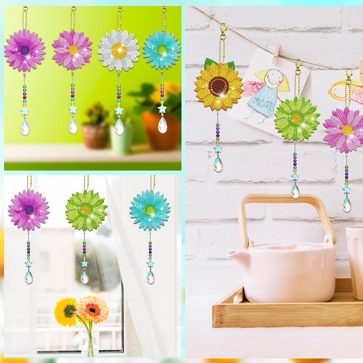 JeCuiK 6 Pcs Daisy Diamonds Painting Wind Chimes Suncatcher Double Sided Flower Rhinestone Painting Wind Chime 5D DIY Crystal Diamond Painting Kits Paint by Number Hanging Ornaments Mom Gifts