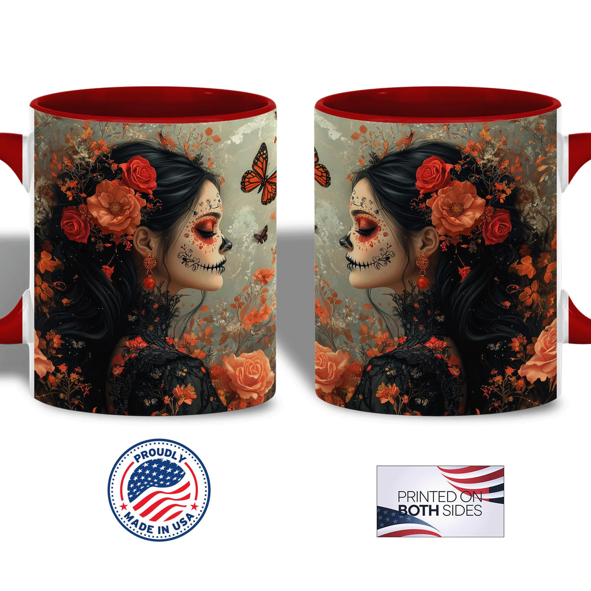 ANOVRA Day of the Dead Lady Mug, Dia de los Muertos Coffee Mug with Orange Rose Face Paint, Gothic Mexican Art Ceramic Cup, Gift for Halloween, Her, Friends, Celebration, 11oz