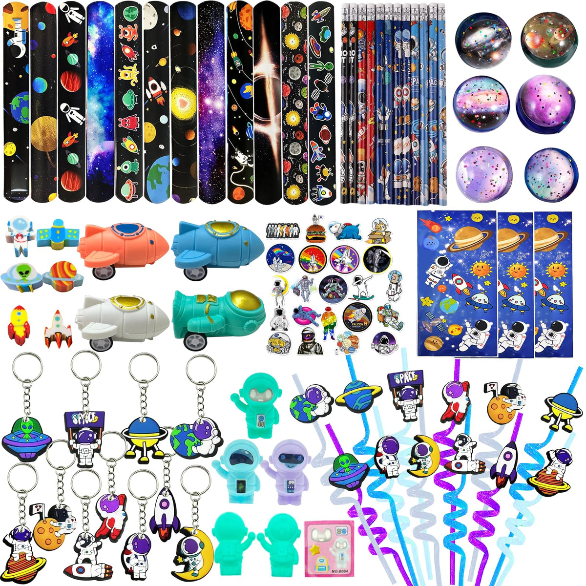 QZYCMHOO 152PCS Space Party Favors Set, Outer Space Birthday Decorations Including Slap Bracelets, Keychains, Gift Bags, DIY Stickers, Drinking Straws, Alien Birthday Supplies