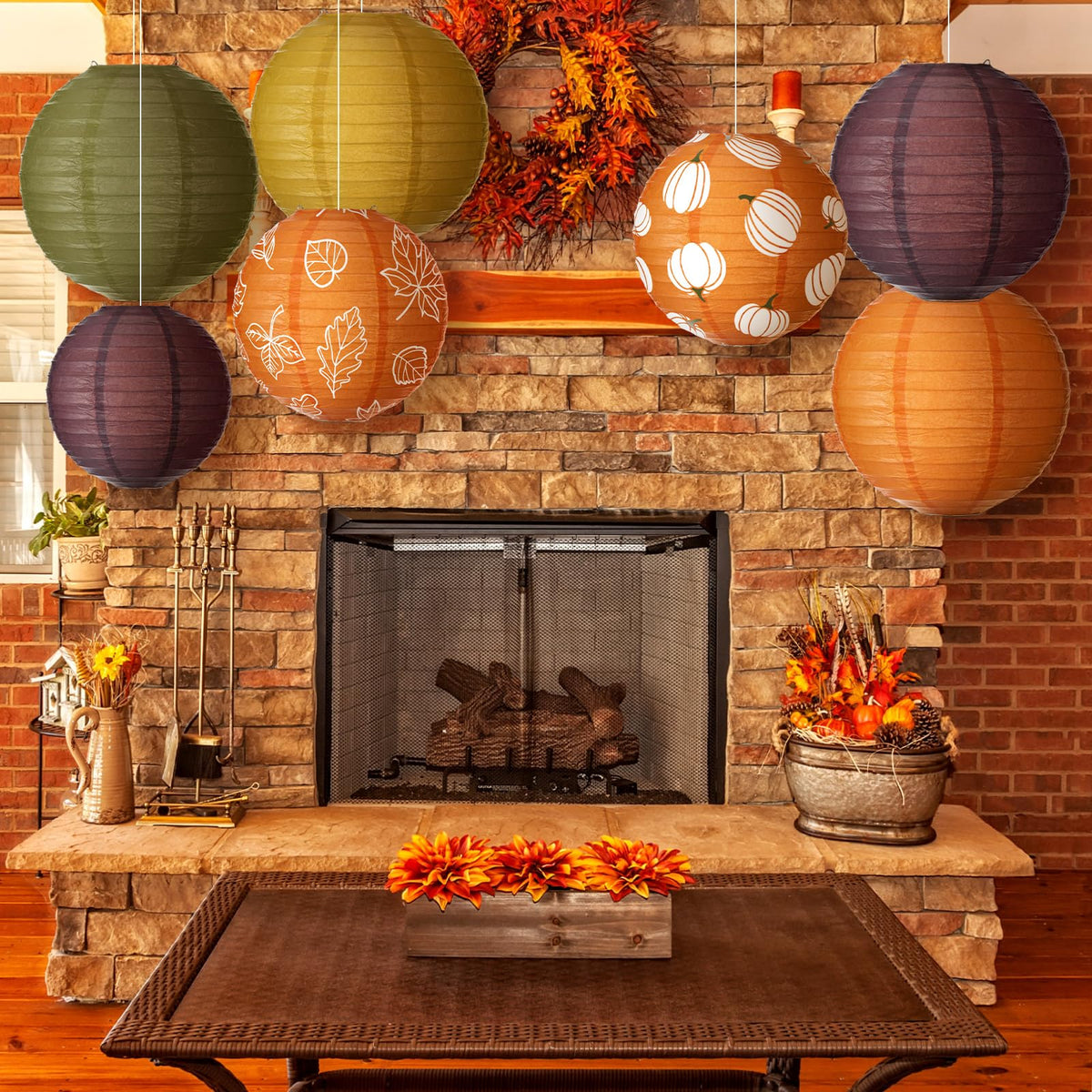 Bencailor 16 Pcs Thanksgiving Paper Lanterns Fall Party Paper Lanterns Dark Orange Pumpkin Round Thankful Maple Leaves Hanging Party Decorations for Autumn Harvest Outdoor Decor