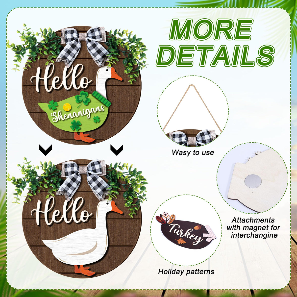 Weysat 13 Pcs Interchangeable Wooden Goose Decor, 11.8 Inch Holiday Seasonal Welcome Changeable Hello Geese Signs Rustic Farmhouse Front Door Round Wreaths Hanging Decorations for Porch Home Outdoor