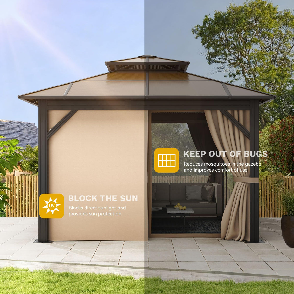 DWVO 10x10ft Gazebo Hardtop Double Roof Polycarbonate Canopy Outdoor with Netting and Shaded Curtains, Metal Frame Garden Tent for Patio, Backyard, Deck and Lawns, Brown