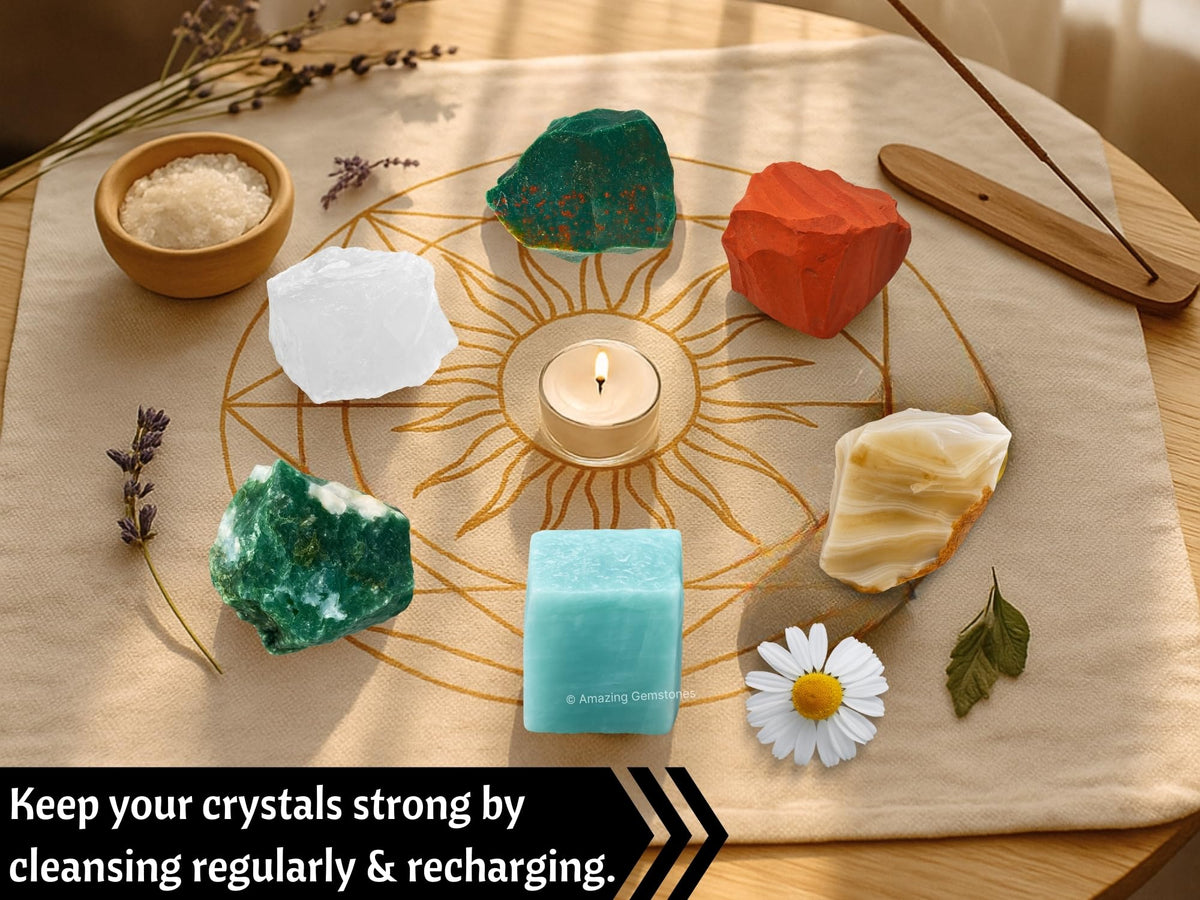 Amazing Gemstone Crystals for Pain Relief Manifestation, Set of 6 Blood Stone, Amazonite, Clear Quartz, Red Jasper, Lace Agate and Moss Agate Healing Crystals and Stones