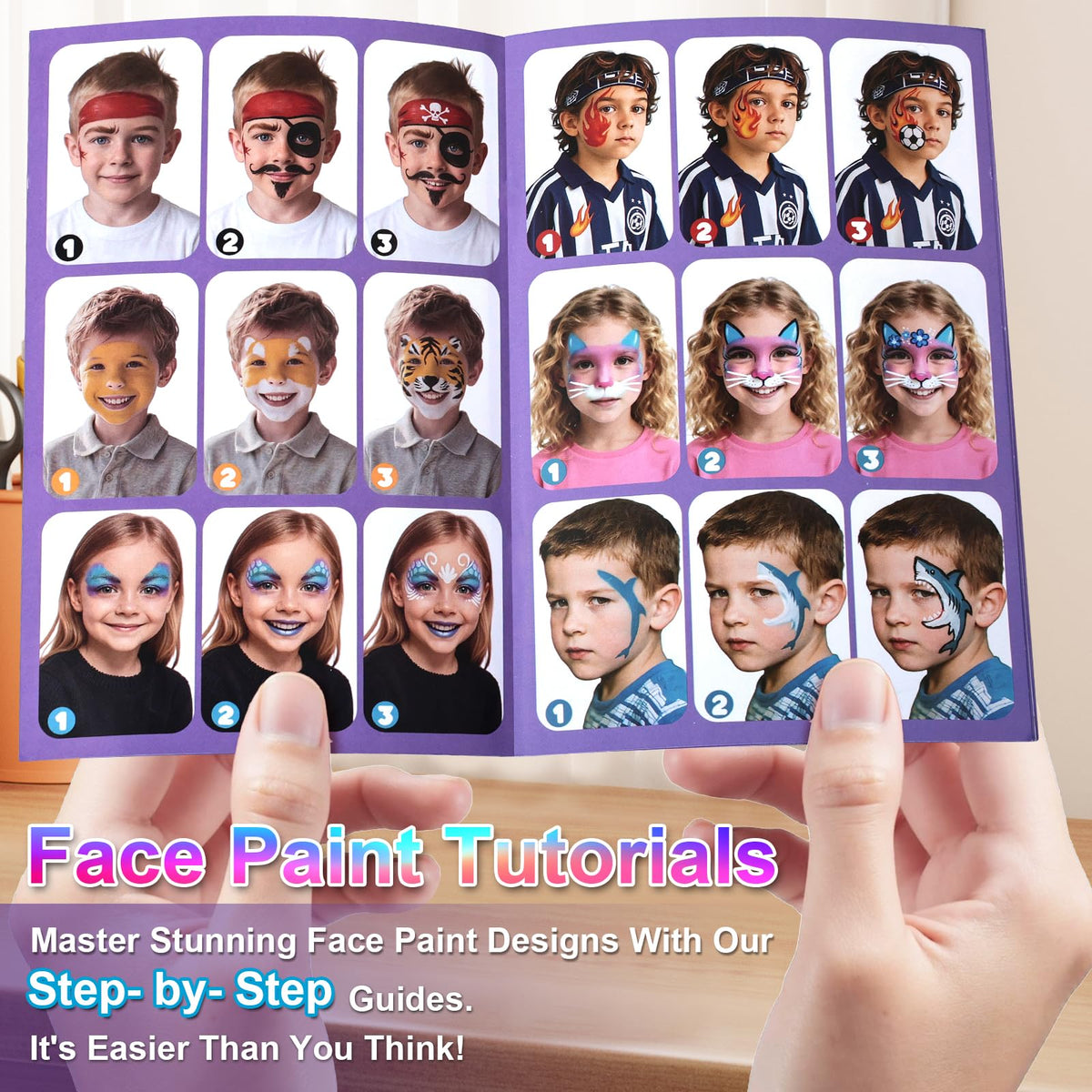 Fenmay Face Painting Kit for Kids - 42 Colors, Non-Toxic and Hypoallergenic, Stencils, Book, Brush, Sponge, and Professional Face Paint Makeup Palette- Safe and Easy to Use