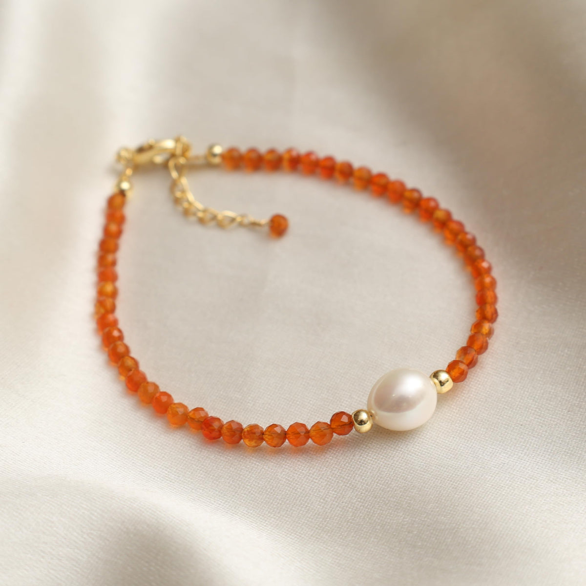 Gempires Orange Carnelian Beaded Bracelet with Pearl Choker Crystal Jewelry Lightweight July Birthstone Gifts Hypoallergenic 7.5 Inch Gold Plated Bracelets For Women