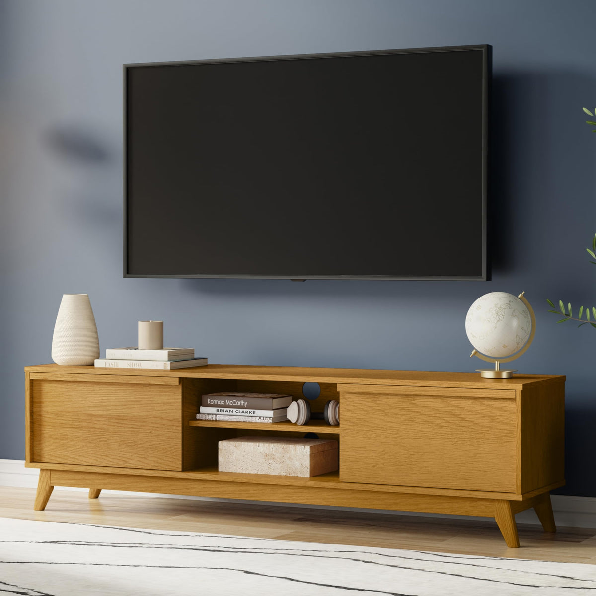SIMPLIHOME Lennon TV Stand - 72 inch Wide Solid Wood Low Media Console in Oak Veneer, Mid Century Modern Entertainment Center for Living Room for TVs up to 80 Inches with Shelves and Cable Management
