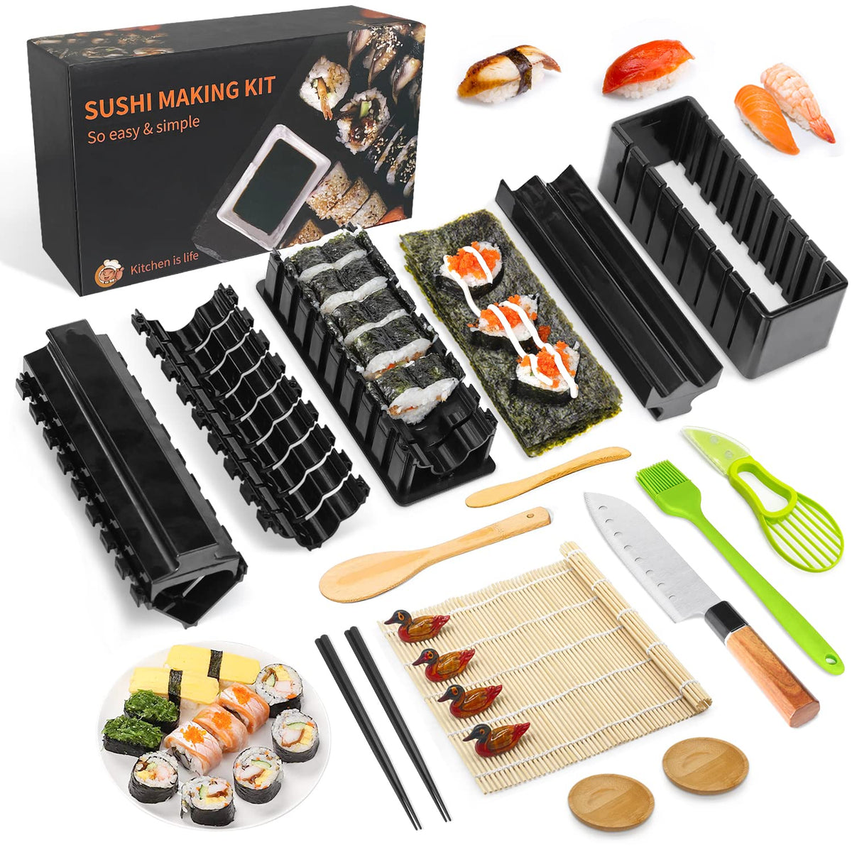 MLRYH Premium DIY Sushi Kit - 21 Pcs Plastic Set, Sushi Maker including Rice Roll Mold