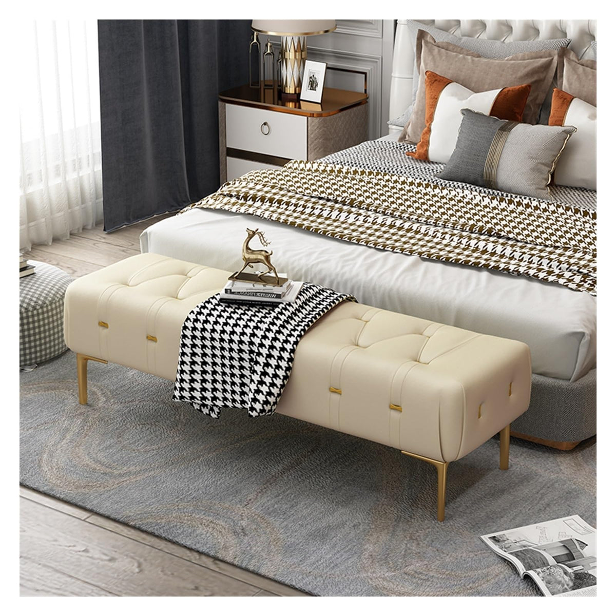 Bedroom End of Bed Bench Upholstered Tufted Bench with Upholstered Seat, Foot Stool with Sturdy Metal Legs, Leather Bench for Bedroom Living Room Entrance Ottoman Couch Bench (Color : Beige, Size :