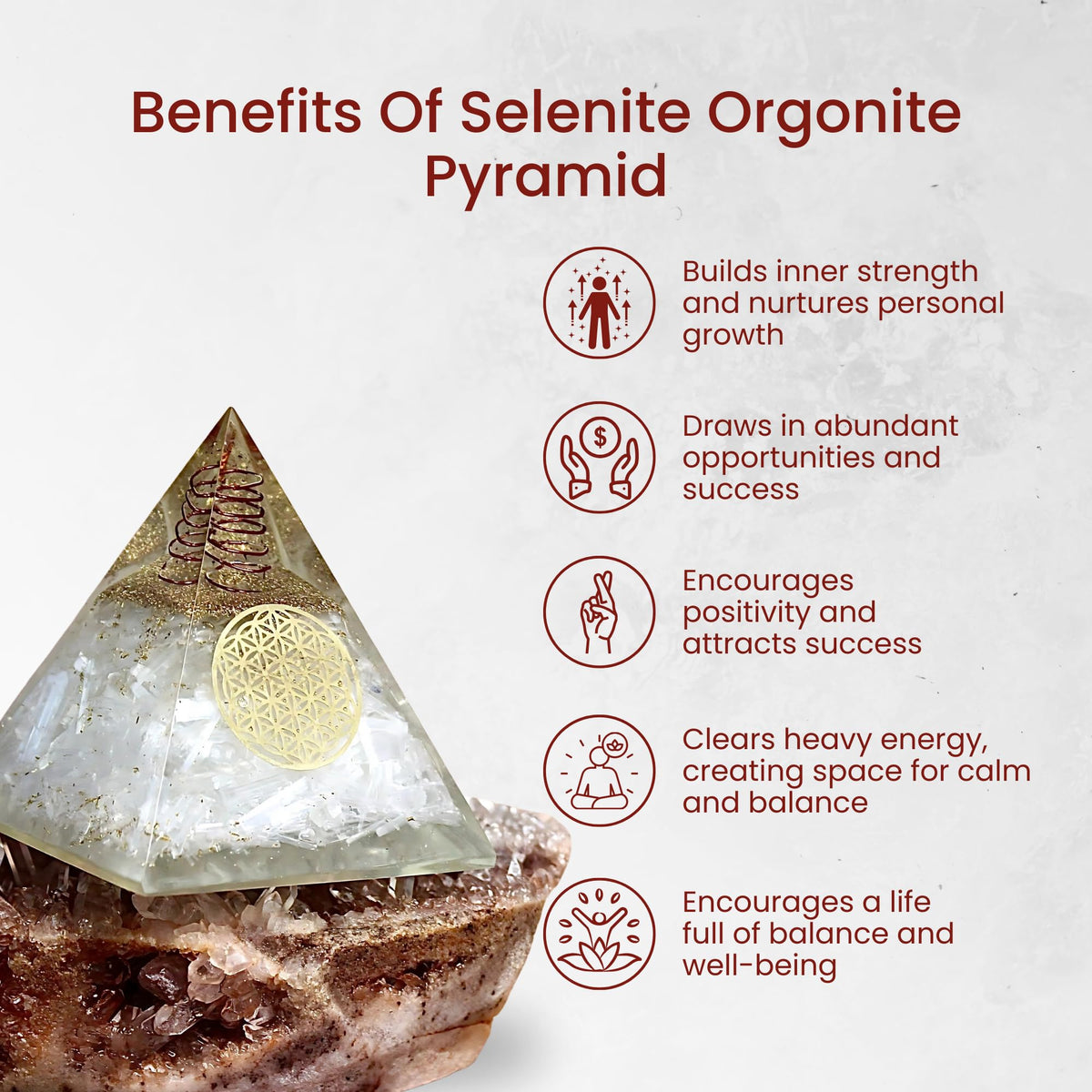 Orgone Selenite Pyramid with Flower of Life – Handmade Orgonite Energy Generator for Meditation, Reiki Healing & Positive Energy