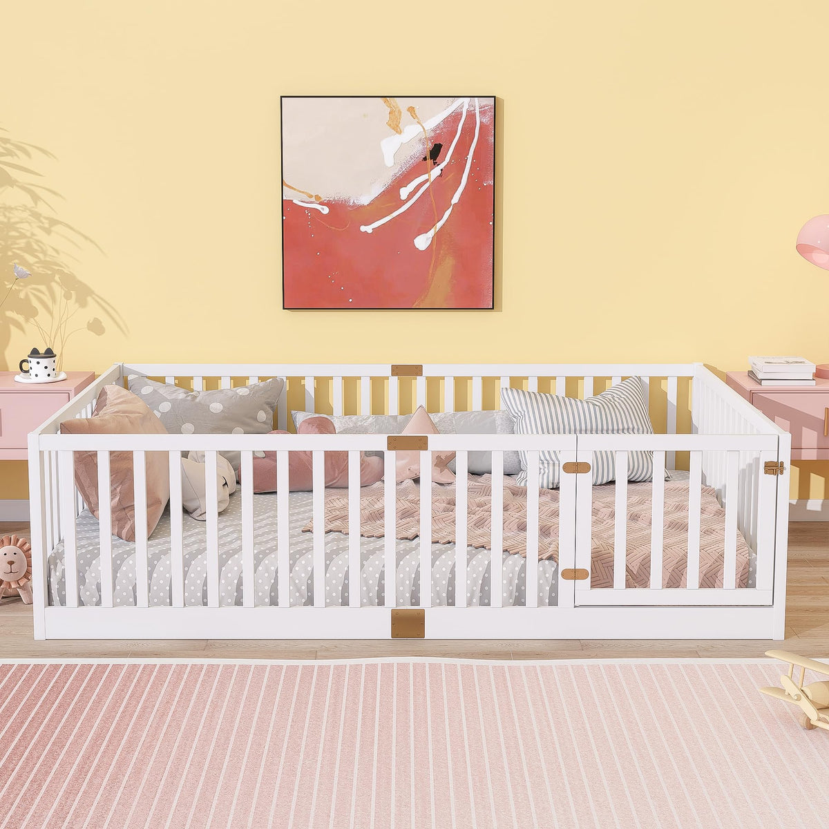 KEIKI Full Floor Bed with 21.5" Safety Guardrails & Door, Kids Floor Bed Frame with 6 Slats, Solid Wood Montessori Bed for Toddler Bedroom, White