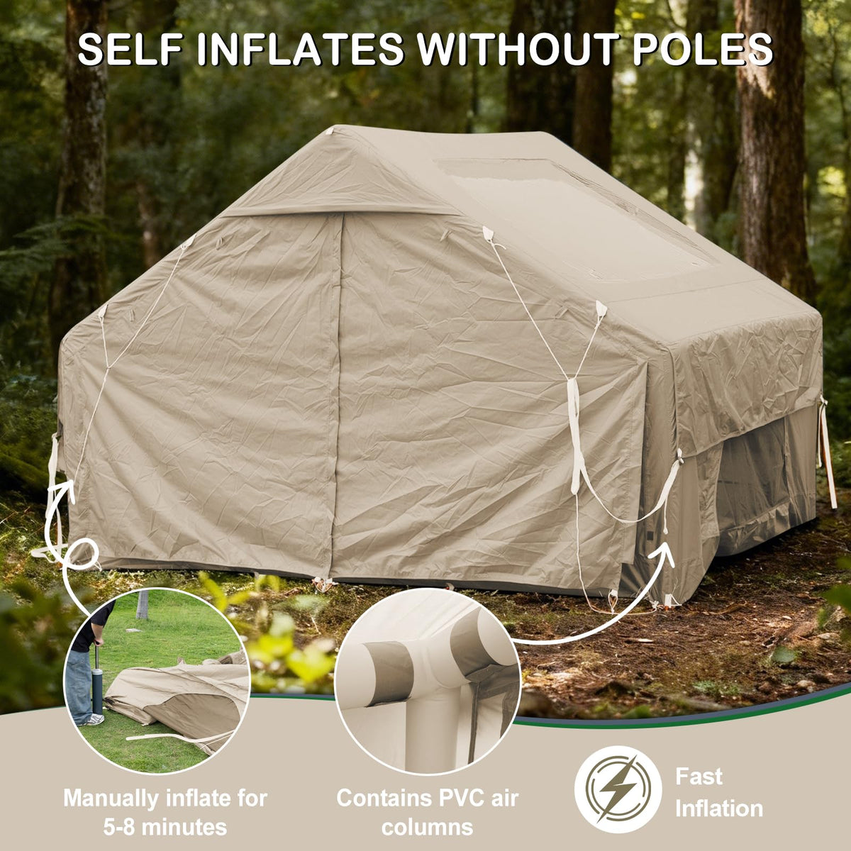 Blow Up Tent with Skylight and Stove Jack,4-6 Person Inflatable Camping Hot Tent with Pump,Easy Setup Family Camping Tent 4 Season Waterproof Outdoor Tents,Beige