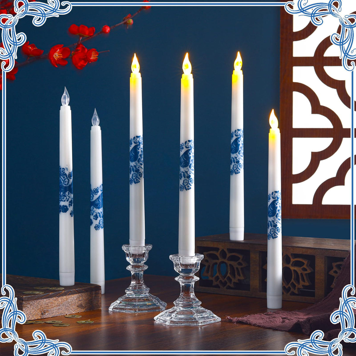 Conelist 6 Pcs Chinoiserie Flameless Candles 10 Inch Blue and White Candles Battery Operated LED Candlesticks Chinoiserie Decor for Wedding Table Centerpiece Home Party Decor Gifts
