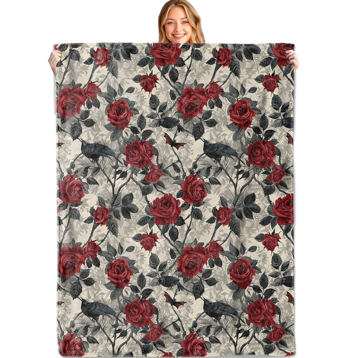 MIEPOS Gothic Rose Crow Throw Blanket, 50x60in, Soft, Lightweight Flannel,Dark Floral Halloween Throw with Red Rose Raven Bat Blankets, Horror Gifts, for Goth Home Living Room Decor