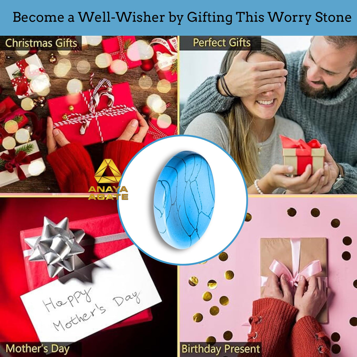 Anaya Agate Turquoise Howlite Worry Stones Certified Crystal Thumb Worry Stone for Anguish, Relaxing and Soothing Balance Stones for Meditation, Stress Relief Crystals and Healing Stones for Men Women