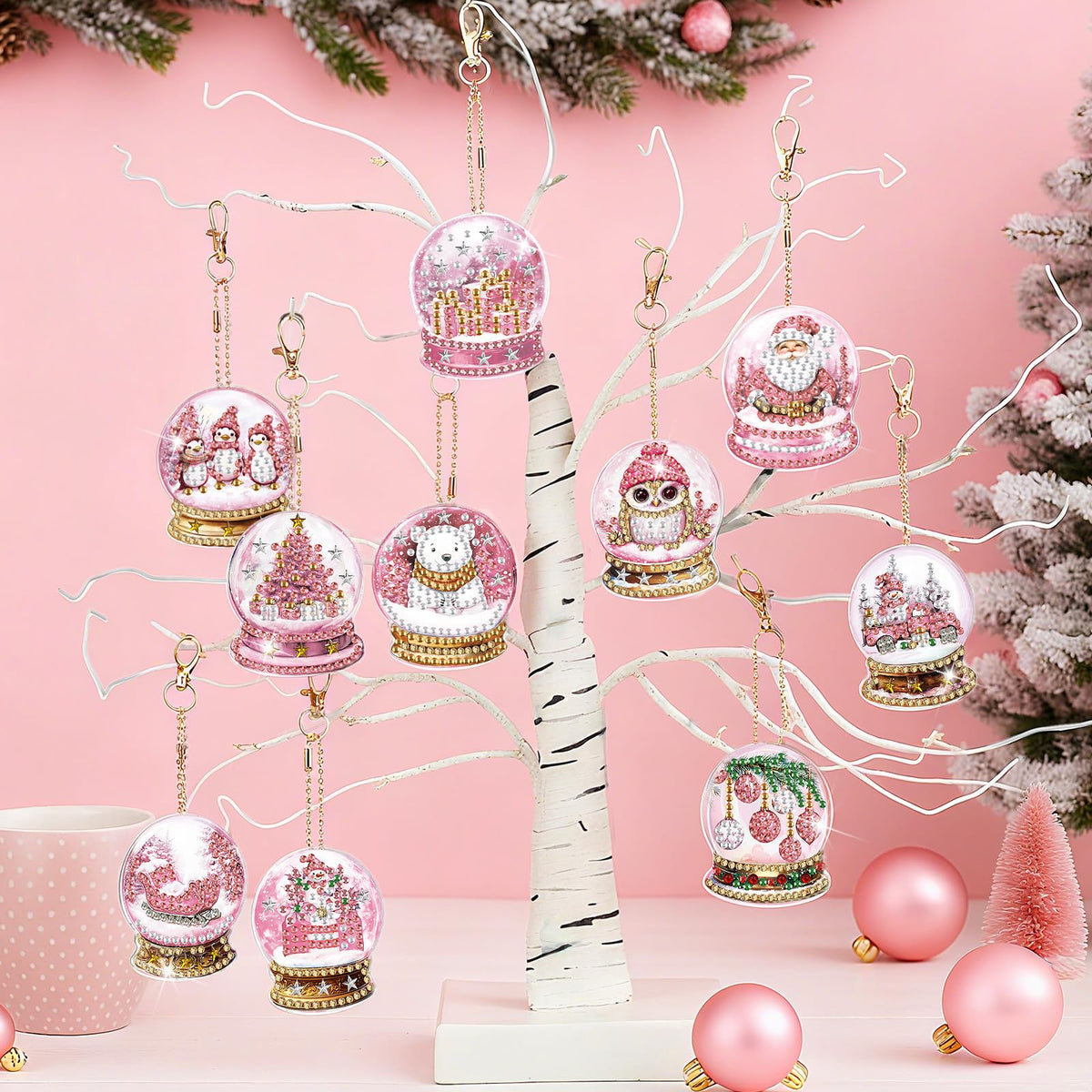WILLBOND 30 Pcs Pink Crystal Ball Diamond Art Kits for Adults Pink Snowflake Gnome Diamond Painting Ornaments DIY Double Sided Keychain Kits Christmas Winter Key Ring Art Pendant Xmas Tree Decor