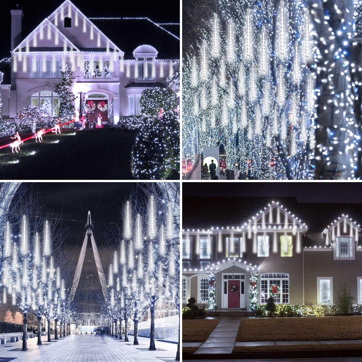 2 Pack Christmas Lights Outdoor, Expandable Meteor Shower Lights with Timer, Waterproof Falling Rain Light with 16 Tubes 384 LED Plug in, Suitable for Garden House Xmas Tree Decorations (Cool White)