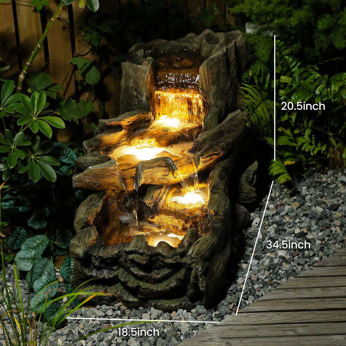 Sunlinua 34.5" L Garden Outdoor Water Fountain, Floor Standing Wood Imitation Resin Natural Waterfall Fountains with LED Lights for Patio, Porch, Home Art Decor