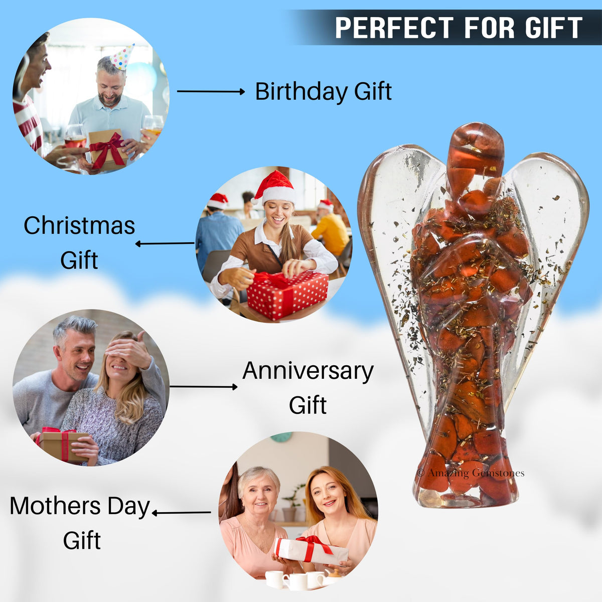 Amazing Gemstone Red Jasper Guardian Angel Figurine Pocket Crystal Angel for Protection - Orgone Guardian Angel with Orgonite Layer and Natural Crystal for Healing Gift (2 Inch, Organite)