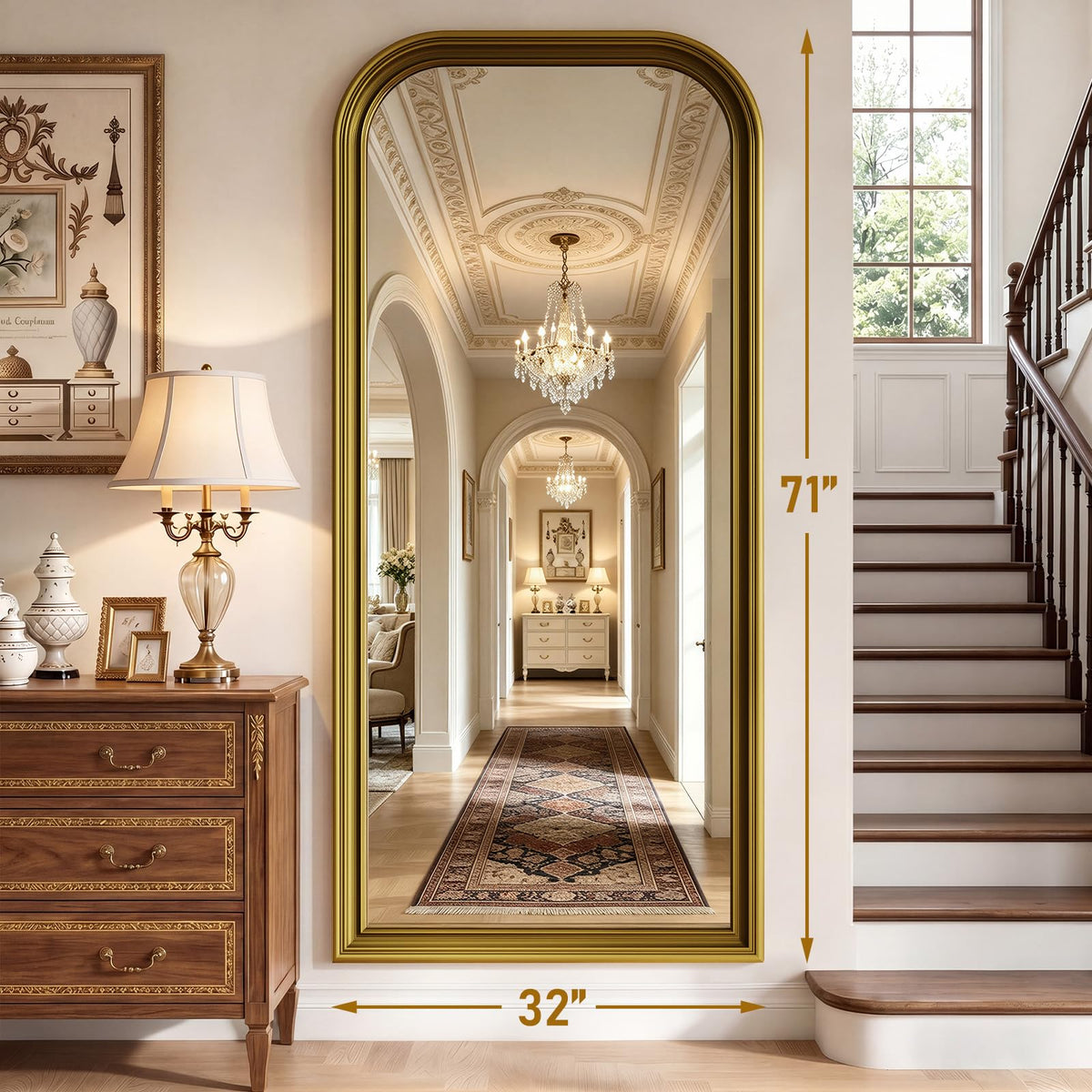 FlyEcho Full Length Mirror with Stand, 71"x32" Full Body Mirror, Floor Length Mirrors Wall Mounted with Rounded Top, Large Standing Mirrors, PU Frame, for Bedroom Living Room Cloakroom, Antique Gold