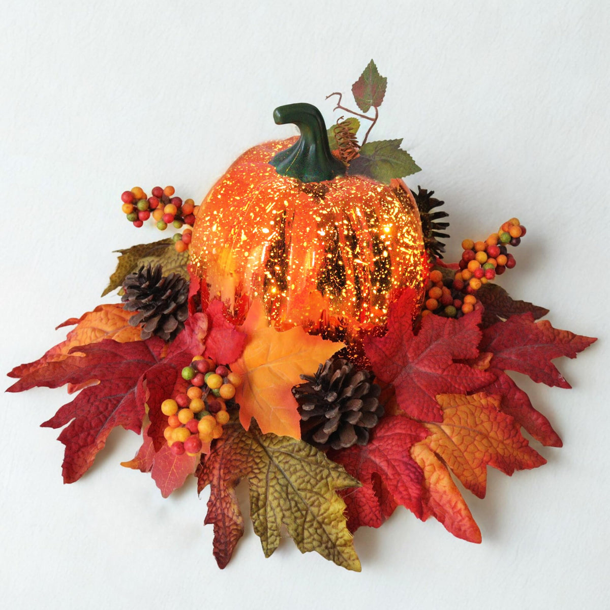 Lighted Pumpkin Fall Decor – LED Thanksgiving Decoration with Faux Maple Leaves, Berries, and Pinecones, Autumn Harvest Centerpiece for Table, Indoor and Outdoor Home Display