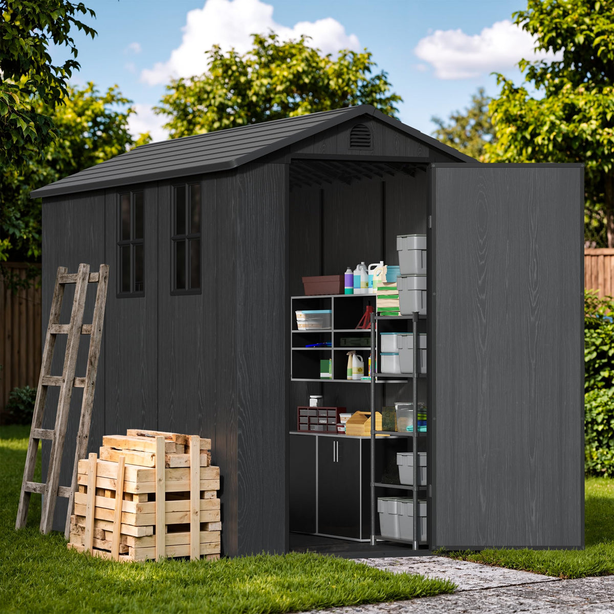 Devoko 4×8 FT Resin Storage Shed with Floor, Garden Plastic Outdoor Shed with Window and Lockable Door, Waterproof Outside Tool shed for Backyard Patio, Dark Grey