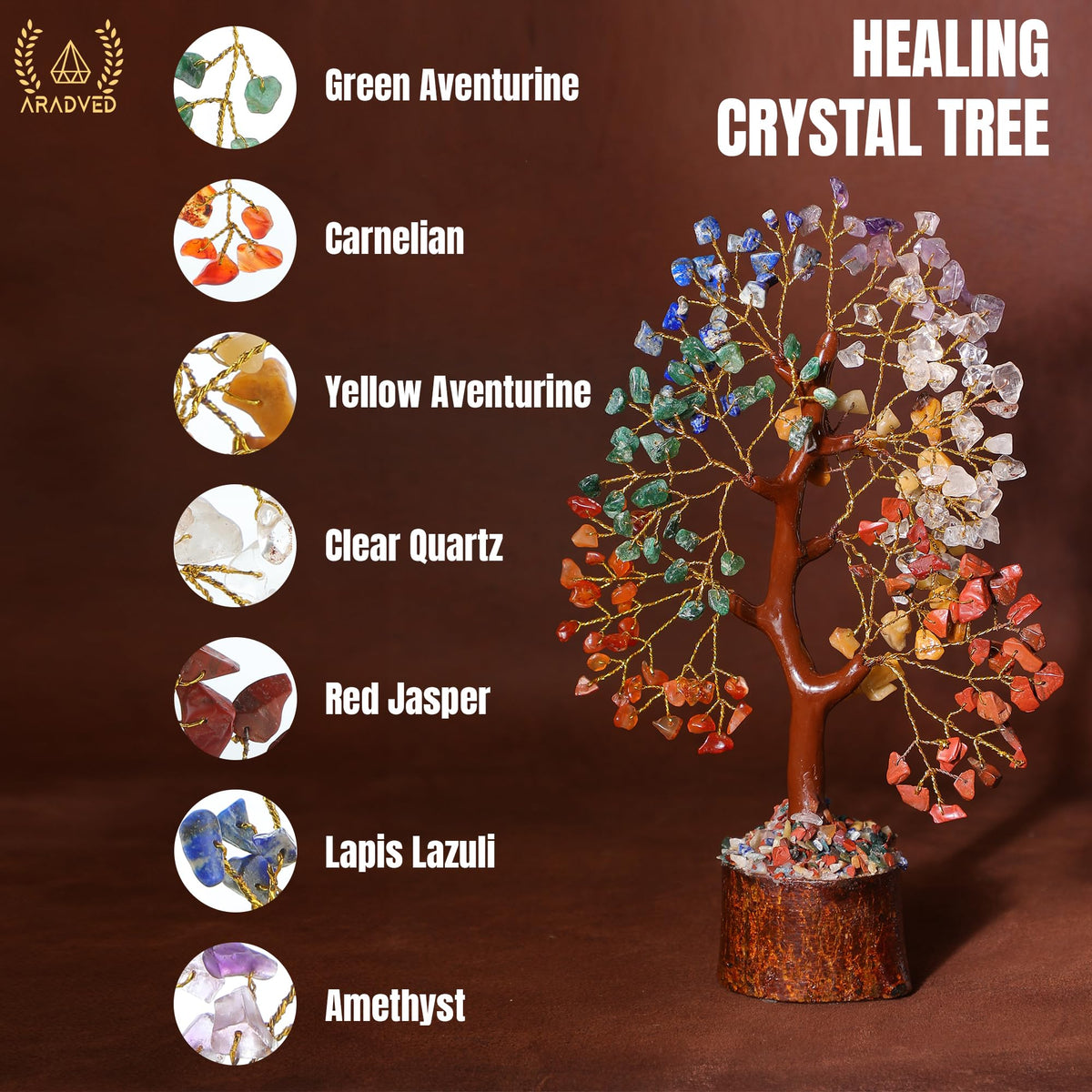 ARADVED 7 Chakra Crystal Tree 300 Beads & Healing Bracelet Set - Tree of Life Feng Shui Decor for Positive Energy - Gemstone Money Tree with Matching Chakra Bracelet for Meditation & Spiritual Gifts
