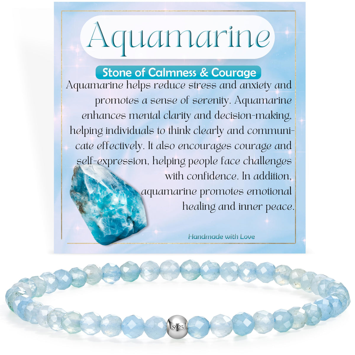 Farfume Aquamarine - Calmness & Courage - Beaded Bracelets for Women,Handmade Natural Stone 4mm Beads 925 Sterling Silver Stretch Bracelets, Chakra Crystal Gemstone Jewelry Gifts for Mom