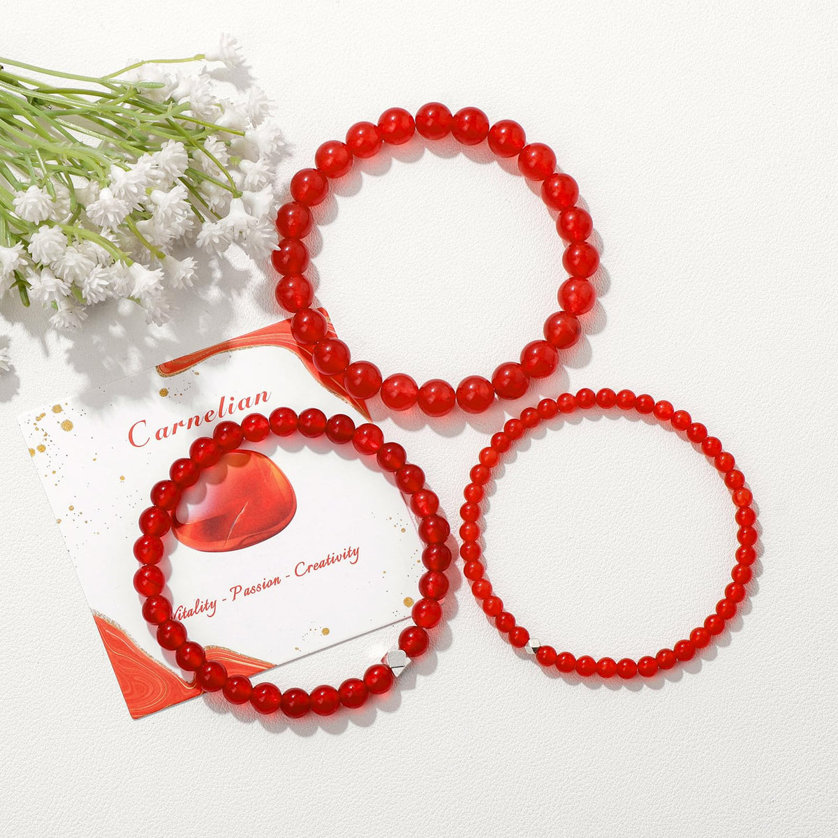 Raicegs 4MM Carnelian Beaded Bracelets Healing Crystal Bracelet for Women Men Natural Stone Handmade Stretch Bracelet Reiki Spiritual Jewelry