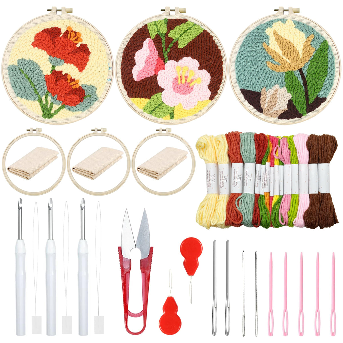 Woohome Punch Needle Kit Included Plastic Hoops, Punch Needle Cloth, Color Yarn and Punch Needle Tools for Adults, Beginners (Red, Pink and Yellow Flowers)