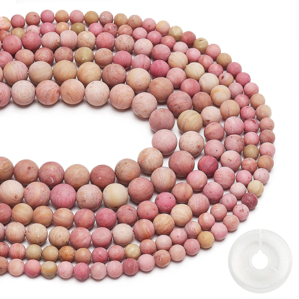 Natural Matte Rhodochrosite Beads, 10MM Round Frosted Unpolished Loose Gemstone Beads for Bracelet Necklace Jewelry Making, Energy Stone Healing Power with Stretch Beading Cord