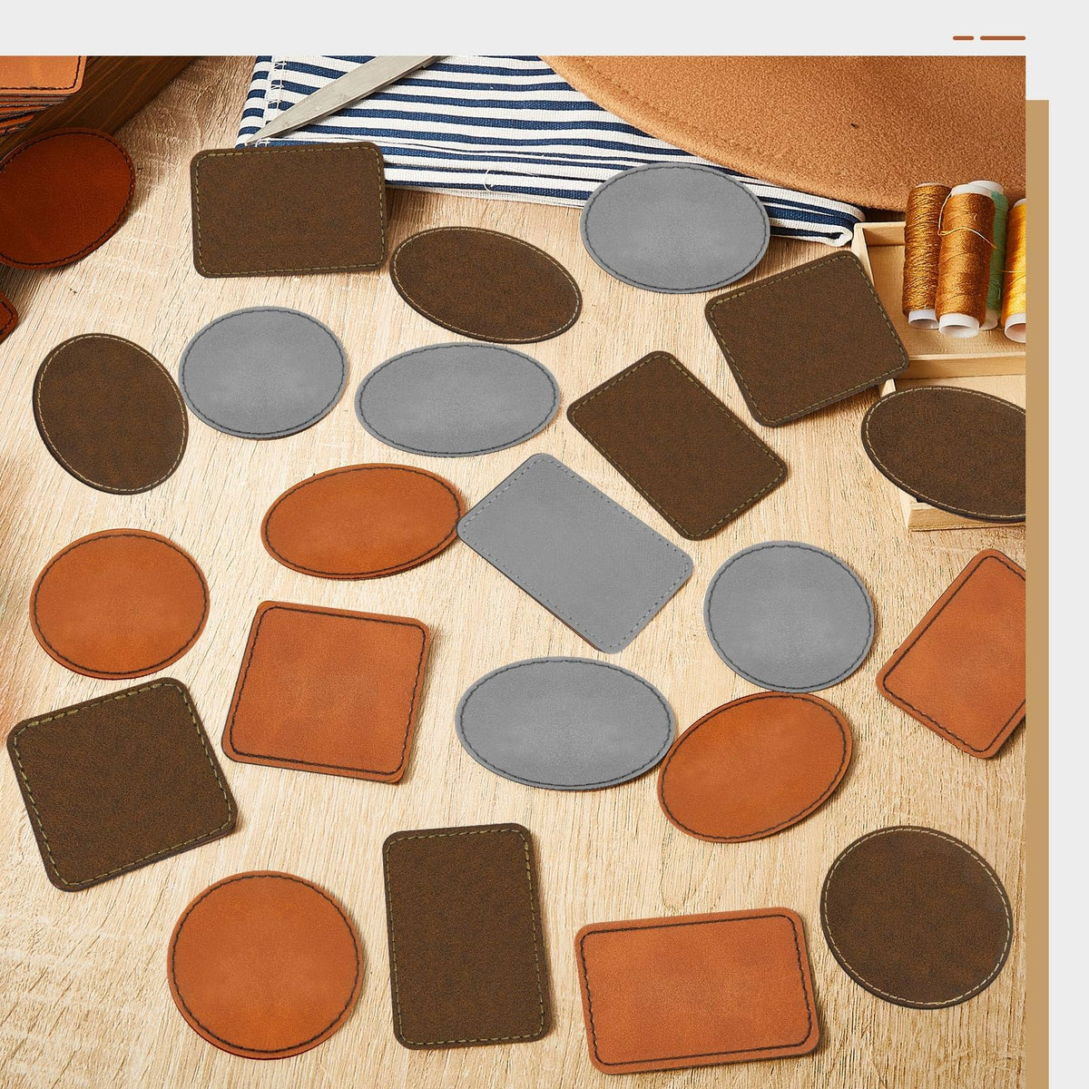 Dunzy 60 Pcs Blank Leatherette Hat Patches Laserable Leatherette Patch Iron on Heat Press with Adhesive Leather Patches for Hats Clothes Repair(Khaki, Golden Brown, Gray,3.5 x 2.5 Inches)