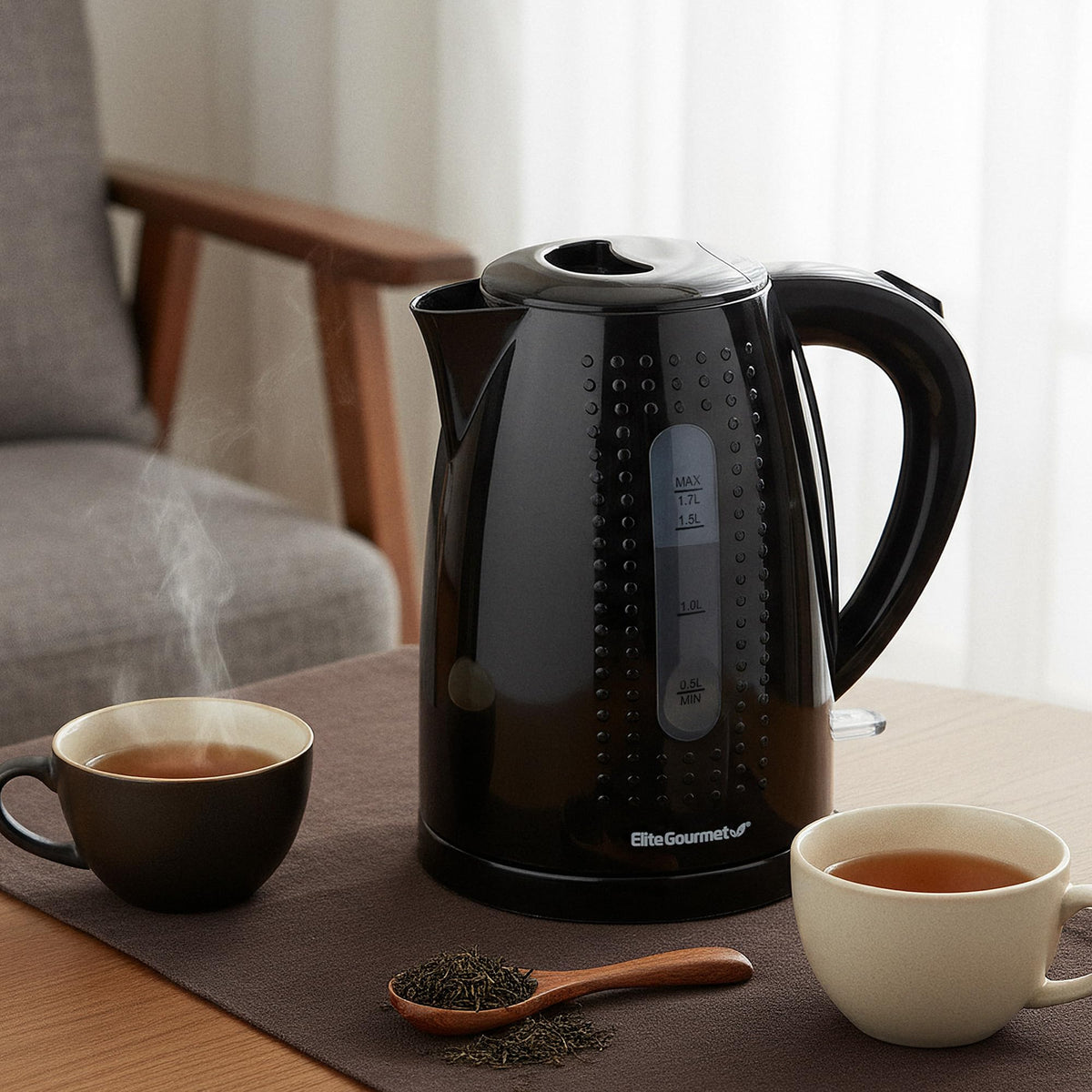Elite Gourmet EKT5051 1.7L Electric Water Kettle, BPA-Free, Fast Boil, Auto Shut-Off, Boil-dry Protection, 360° Swivel Base with Cordless Serving, Clear-view Window with Water Level Markings, Black